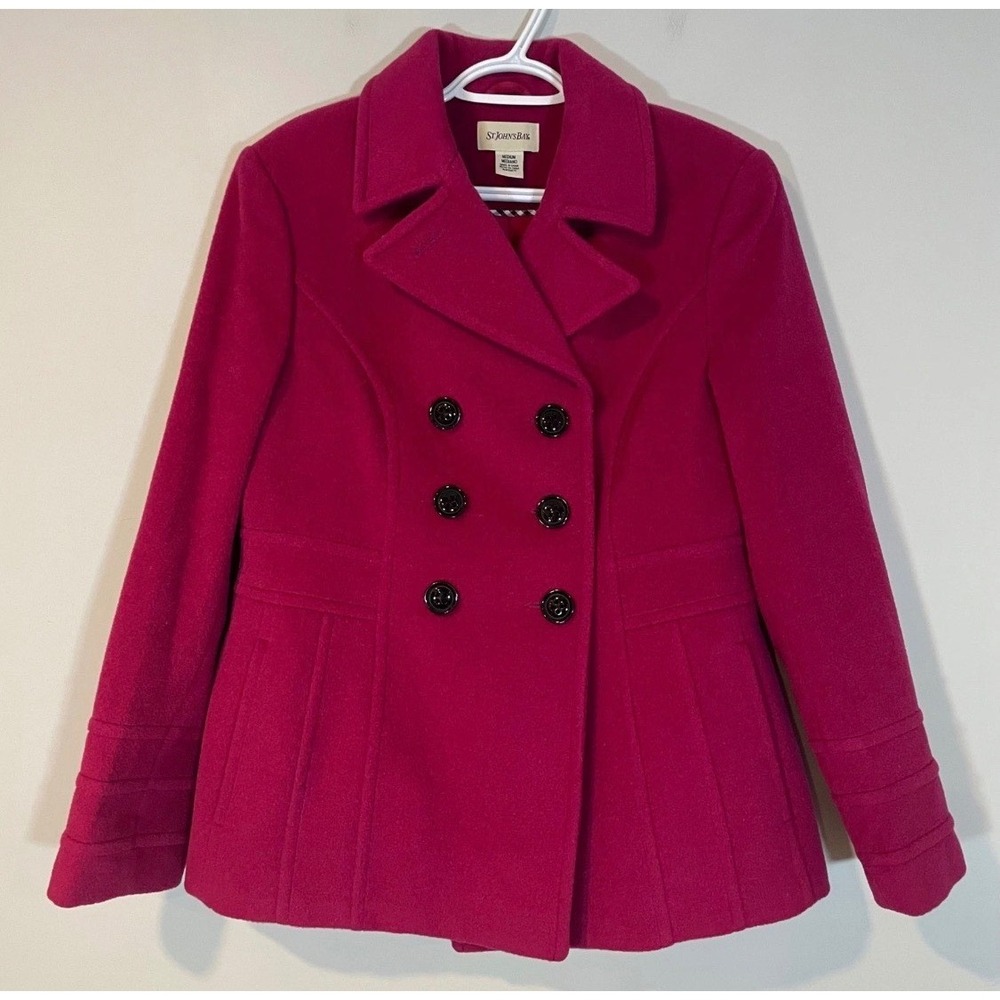 St Johns Bay Women's M Double Breasted Y2K‎ Pea Coat Fuschia Pink Wool Cashmere